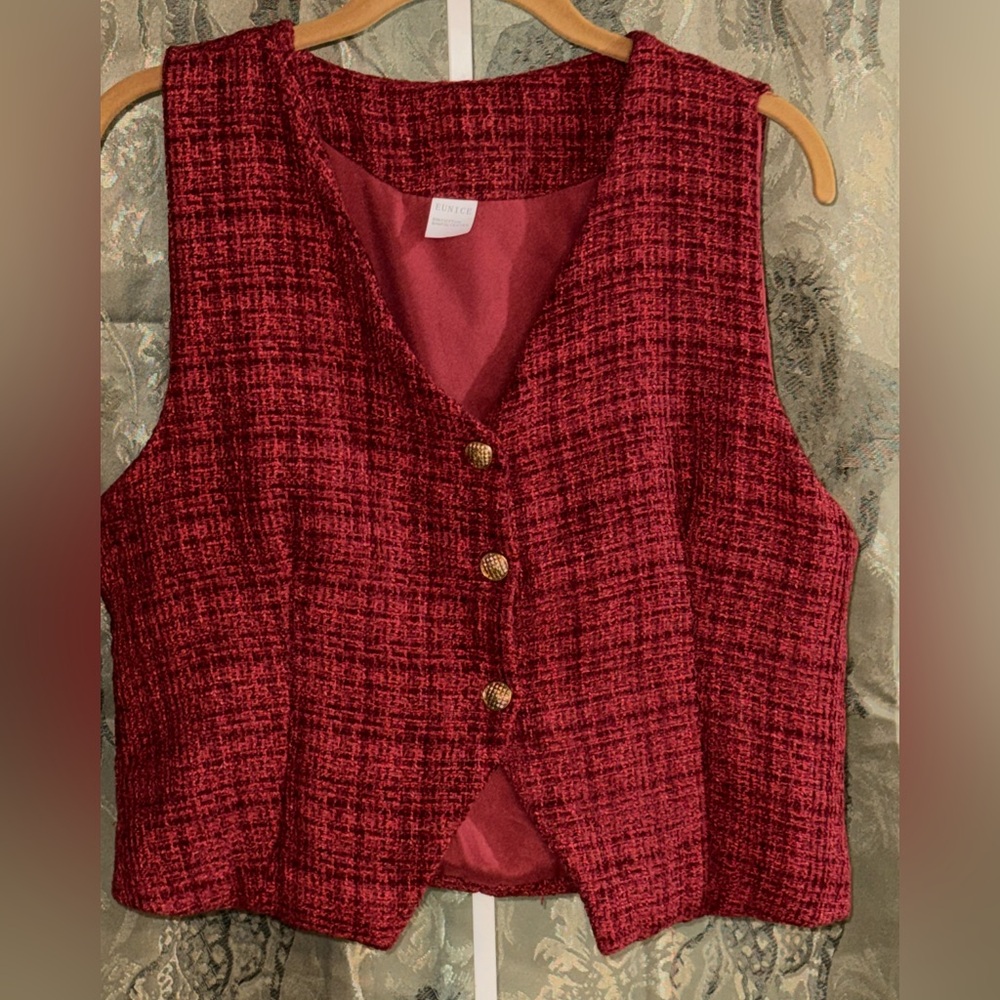 Women's Red Tweed Vest with Gold Buttons